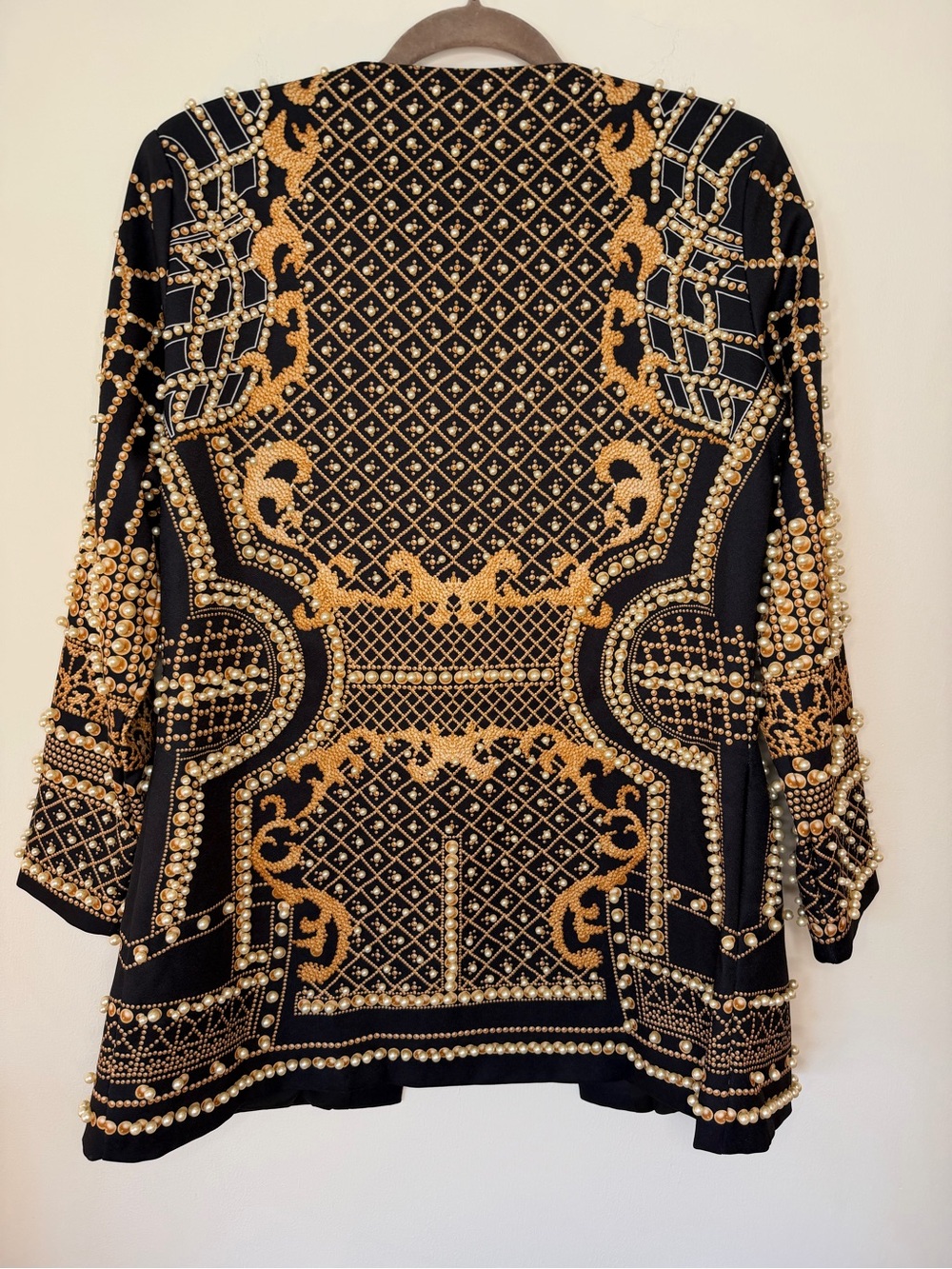 Black and Gold Embellished Open-Front Sweater Jacket woman size Large beaded - Picture 5 of 13